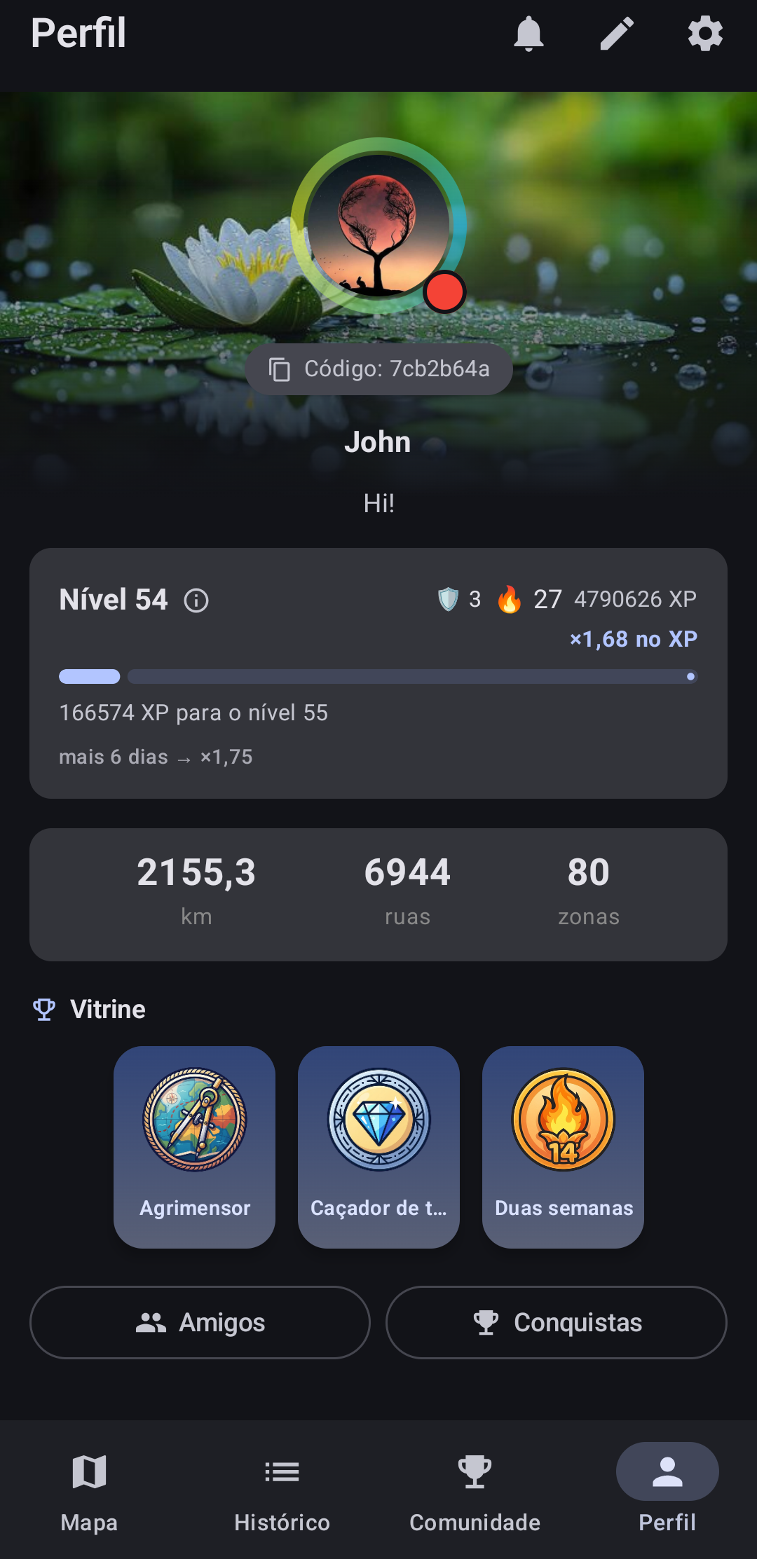 Captura do app StreetPainter — Perfil e nível