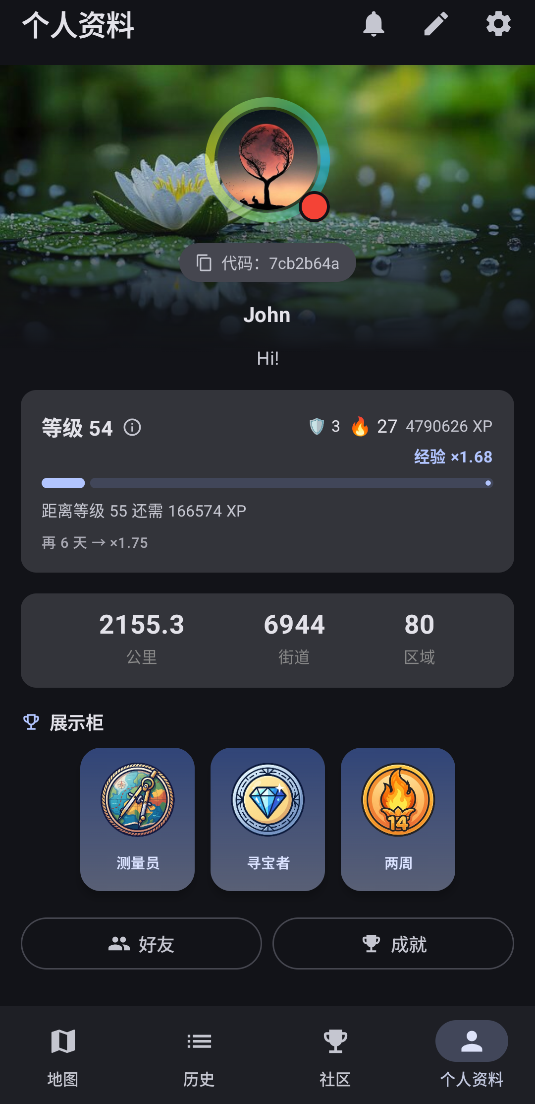 StreetPainter 应用截图 — 个人资料与等级